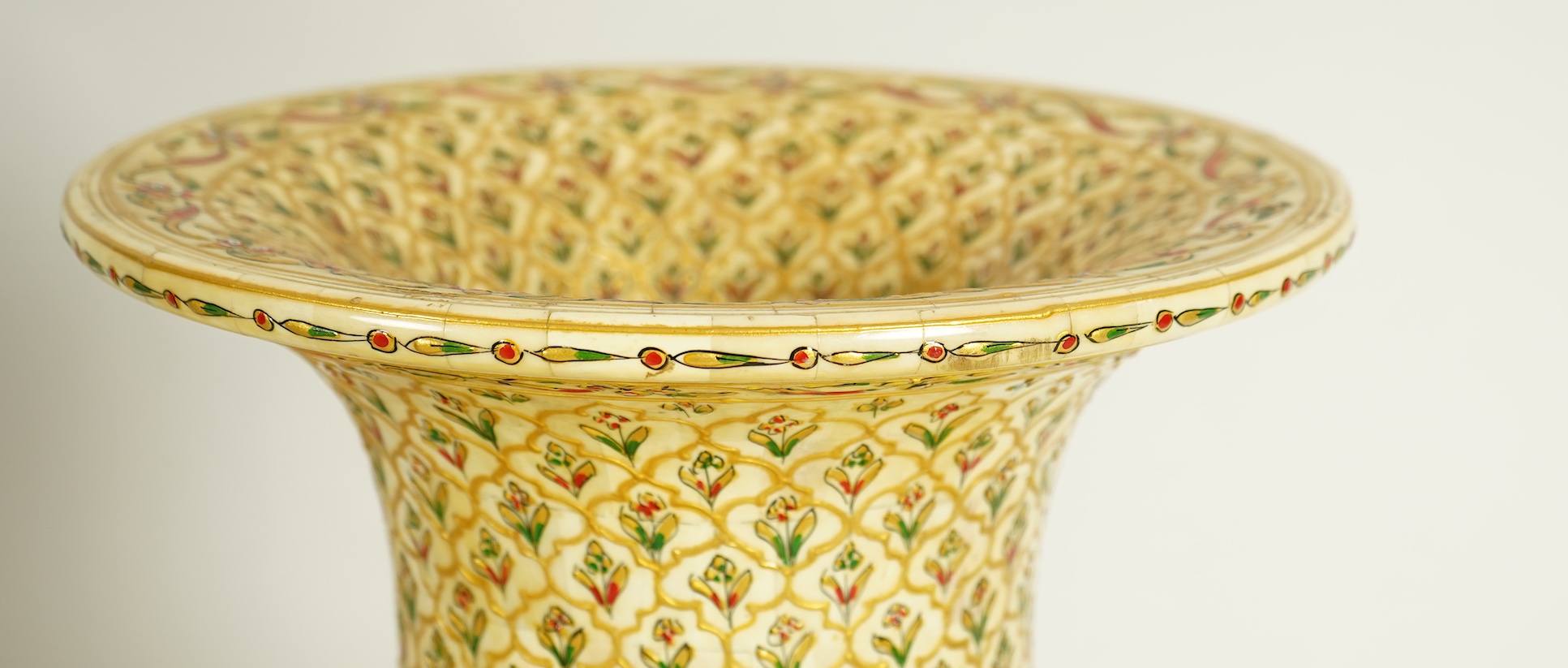 A pair of large Indian painted bone veneered vases, in Mughal style